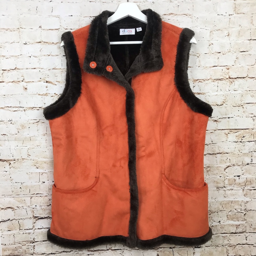 Denim & Co Orange Brown Suede Vest Fur Trim Medium